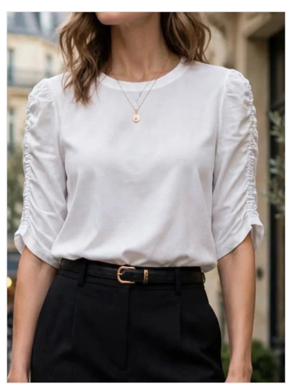 Veronica Beard Ruched Sleeve T-Shirt White Lightweight Clean Girl Chic Elevated